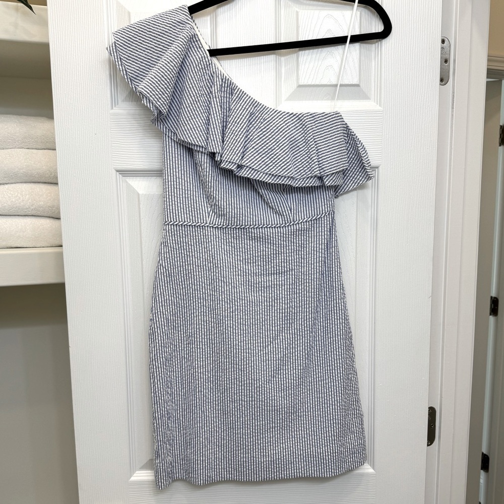 J. Crew Seersucker Striped Blue and White One Shoulder Ruffle Dress NWT Size 00